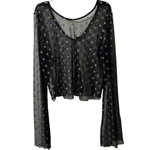 Whimsygoth Sheer Black Mesh Celestial Metallic Crop Top Out From Under L 90's